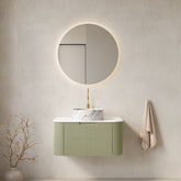 AISU 30" Fluted Bathroom Vanity with Sink, Curved Edges Striped, White Round Ceramic Basin with Stone Pattern, Light Green Color
