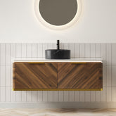 AISU Lumierge 48" Floating Plywood Bathroom Vanity, Black Stone Pattern Ceramic Basin&Sintered Stone Top, Pre-assembled, Dark Walnut Woodgrain Color