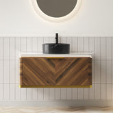 AISU Lumierge 36" Floating Plywood Bathroom Vanity, Stone Pattern Black Round Ceramic Vessel Basin&Sintered Stone Top, Pre-assembled, Dark Walnut Woodgrain Color