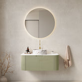 AISU 36" Fluted Bathroom Vanity with Sink, Curved Edges Striped, White Round Ceramic Basin with Stone Pattern, Light Green Color