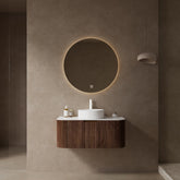 Meuble-lavabo mural AISU à bords incurvés et rayures avec vasque en céramique blanche sans robinet, pré-assemblé, couleur bois noyer foncé