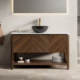 AISU 48" Freestanding Plywood Bathroom Cabinet with 3 Diagonal Doors&Open Shelf, Black Stone Pattern Ceramic Basin&Carrara White Sintered Stone Top, Dark Walnut Woodgrain