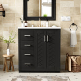 AISU 30" Solid Wood Floor Mounted Bathroom Vanity with Ceramic Sink Combo, Black