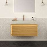 AISU 36" Floating Ultra-Slim Grille Plywood Bathroom Vanity, Sensor Light, Travertine-Pattern Sintered Stone Top&Ceramic Undermount Basin, Pre-assembled, Light Woodgrain