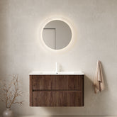 AISU 36" Bathroom Vanity with Sink, Wall-Mounted Floating Plywood Bathroom Storage Cabinet with 2 Drawers, White Ceramic Basin, NO Faucet, Pre-assembled, Retro Walnut Woodgrain Color