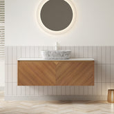 AISU 48" Bathroom Vanity&Sink, Floating Plywood Storage Cabinet, Twill Double Doors with Metal Trim, Marble Pattern Ceramic Vessel Basin&Carrara White Sintered Stone Top, Brown Oak Woodgrain Color