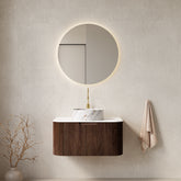 AISU 30" Fluted Bathroom Vanity with Sink, Curved Edges Striped, White Ceramic Basin with Stone Pattern, Dark Walnut Woodgrain Color