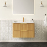 AISU 30" Floating Ultra-Pinstriped Plywood Bathroom Vanity with Sink, Storage Cabinet with Drawers, Carrara White Sintered Stone Hot-bent Integrated Basin, Pre-assembled, Light Natural Woodgrain Color