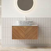 AISU 30" Bathroom Vanity&Sink, Floating Plywood Storage Cabinet, Twill Double Doors with Metal Trim, Marble Pattern Ceramic Vessel Basin&Carrara White Sintered Stone Top, Brown Oak Woodgrain Color
