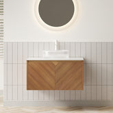 AISU 30" Bathroom Vanity&Sink, Floating Plywood Storage Cabinet, Twill Double Doors with Metal Trim, Transparent Round Glass Vessl Basin&Carrara White Sintered Stone Top, Brown Oak Woodgrain Color