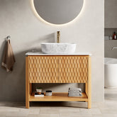 AISU FacetGrid 36" Bathroom Vanity Freestanding Plywood Cabinet with 2 Bamboo Texture Doors&Open Shelf, Marble Pattern Ceramic Basin&Carrara White Sintered Stone Top, Woodgrain Color