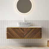 AISU Lumierge 48" Floating Plywood Bathroom Vanity, Marble Pattern Ceramic Vessel Basin&Sintered Stone Top, Pre-assembled, Dark Walnut Woodgrain Color