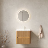 AISU 24" Bathroom Vanity with Sink, Wall-Mounted Floating Plywood Striped Bathroom Storage Cabinet with 2 Drawers, White Rectangle Ceramic Basin, NO Faucet, Pre-assembled, Natural Woodgrain Color