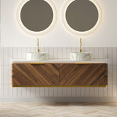 AISU Lumierge 60" Floating Plywood Bathroom Vanity, 2 Stone Pattern Ceramic Vessel Basins & Sintered Stone Top, Pre-assembled, Dark Walnut Woodgrain Color
