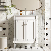 AISU Modern 24" Bathroom Vanity with Top Sink, White Ceramic Basin, Solid Wood Frame & MDF Cabinet, 2-Tier Storage, White