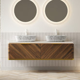 AISU Lumierge 60" Floating Plywood Bathroom Vanity, 2 Marble Pattern Ceramic Vessel Basins&Sintered Stone Top, Pre-assembled, Dark Walnut Woodgrain Color