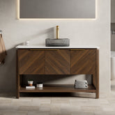 AISU 48" Freestanding Plywood Bathroom Cabinet with 3 Diagonal Striped Doors&Open Shelf, Black Transport Glass Basin&Carrara White Sintered Stone Top, Dark Walnut Woodgrain