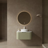 Meuble de salle de bain mural moderne AISU à bords incurvés et rayures, avec vasque ronde en céramique blanche sans robinet, pré-assemblé, couleur vert clair
