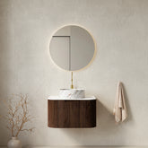 Meuble-lavabo mural AISU à bords incurvés et rayures, avec vasque en céramique blanche à motif pierre, pré-assemblé, couleur bois noyer foncé