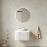 Meuble-lavabo de salle de bain AISU à bords incurvés flottants et à rayures avec vasque ronde en céramique, couleur blanche