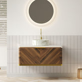 AISU Lumierge 36" Floating Plywood Bathroom Vanity, Stone Pattern White Round Ceramic Vessel Basin&Sintered Stone Top, Pre-assembled, Dark Walnut Woodgrain Color