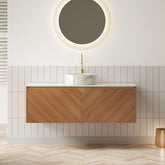 AISU 48" Bathroom Vanity&Sink, Floating Plywood Storage Cabinet, Twill Double Doors with Metal Trim, Matte Stone Pattern White Round Ceramic Basin&Sintered Stone Top, Brown Oak Woodgrain (New SKU)