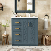 AISU 30" Solid Wood Floor Mounted Bathroom Vanity with Ceramic Sink Combo, Cyan