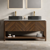 AISU 60" Freestanding Plywood Bathroom Cabinet with 4 Diagonal Striped Doors&Open Shelf, 2 Black Oval Ceramic Basins&Carrara White Sintered Stone Top, Dark Walnut Woodgrain