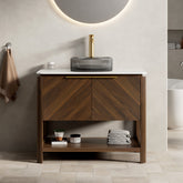 AISU 36" Freestanding Plywood Bathroom Cabinet with 2 Diagonal Striped Doors&Open Shelf, Black Transport Glass Basin&Carrara White Sintered Stone Top, Dark Walnut Woodgrain