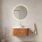 AISU 30" Fluted Bathroom Vanity with Sink, Curved Edges Striped, White Round Ceramic Basin with Stone Pattern, Natura Woodgrain Color