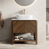 AISU 30" Freestanding Plywood Bathroom Cabinet with 2 Diagonal Striped Doors&Open Shelf, Marble Pattern Ceramic Basin&Carrara White Sintered Stone Top, Dark Walnut Woodgrain