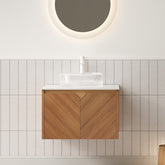AISU 24" Bathroom Vanity&Sink, Floating Plywood Storage Cabinet, Twill Double Doors with Metal Trim, Transparent Round Glass Vessl Basin&Carrara White Sintered Stone Top, Brown Oak Woodgrain Color