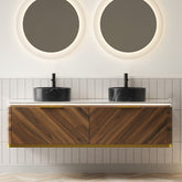 AISU Lumierge 60" Floating Plywood Bathroom Vanity, Black Stone Pattern Ceramic Round Basins & Sintered Stone Top, Pre-assembled, Dark Walnut Woodgrain
