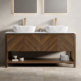 AISU 60" Freestanding Plywood Bathroom Cabinet with 4 Diagonal Striped Doors&Open Shelf, 2 Marble Pattern Ceramic Basins&Carrara White Sintered Stone Top, Dark Walnut Woodgrain