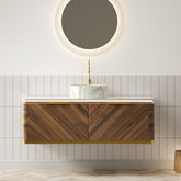 AISU Lumierge 48" Floating Plywood Bathroom Vanity, Stone Pattern Ceramic Vessel Basin&Sintered Stone Top, Pre-assembled, Dark Walnut Woodgrain Color
