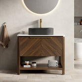 AISU 36" Freestanding Plywood Bathroom Cabinet with 2 Diagonal Striped Doors&Open Shelf, Black Striped Oval Ceramic Basin&Carrara White Sintered Stone Top, Dark Walnut Woodgrain