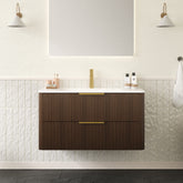 AISU 36" Floating Ultra-Pinstriped Plywood Bathroom Vanity with Sink, Storage Cabinet with Drawers, Carrara White Sintered Stone Hot-bent Integrated Basin, Pre-assembled, Italy Walnut Woodgrain Color