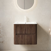 AISU 24" Bathroom Vanity with Sink, Wall-Mounted Floating Plywood Bathroom Storage Cabinet with 2 Drawers, White Ceramic Basin, NO Faucet, Pre-assembled, Retro Walnut Woodgrain Color