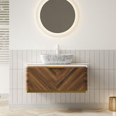 AISU Lumierge 36" Floating Plywood Bathroom Vanity, Marble Pattern Rectangle Ceramic Vessel Basin&Sintered Stone Top, Pre-assembled, Dark Walnut Woodgrain Color