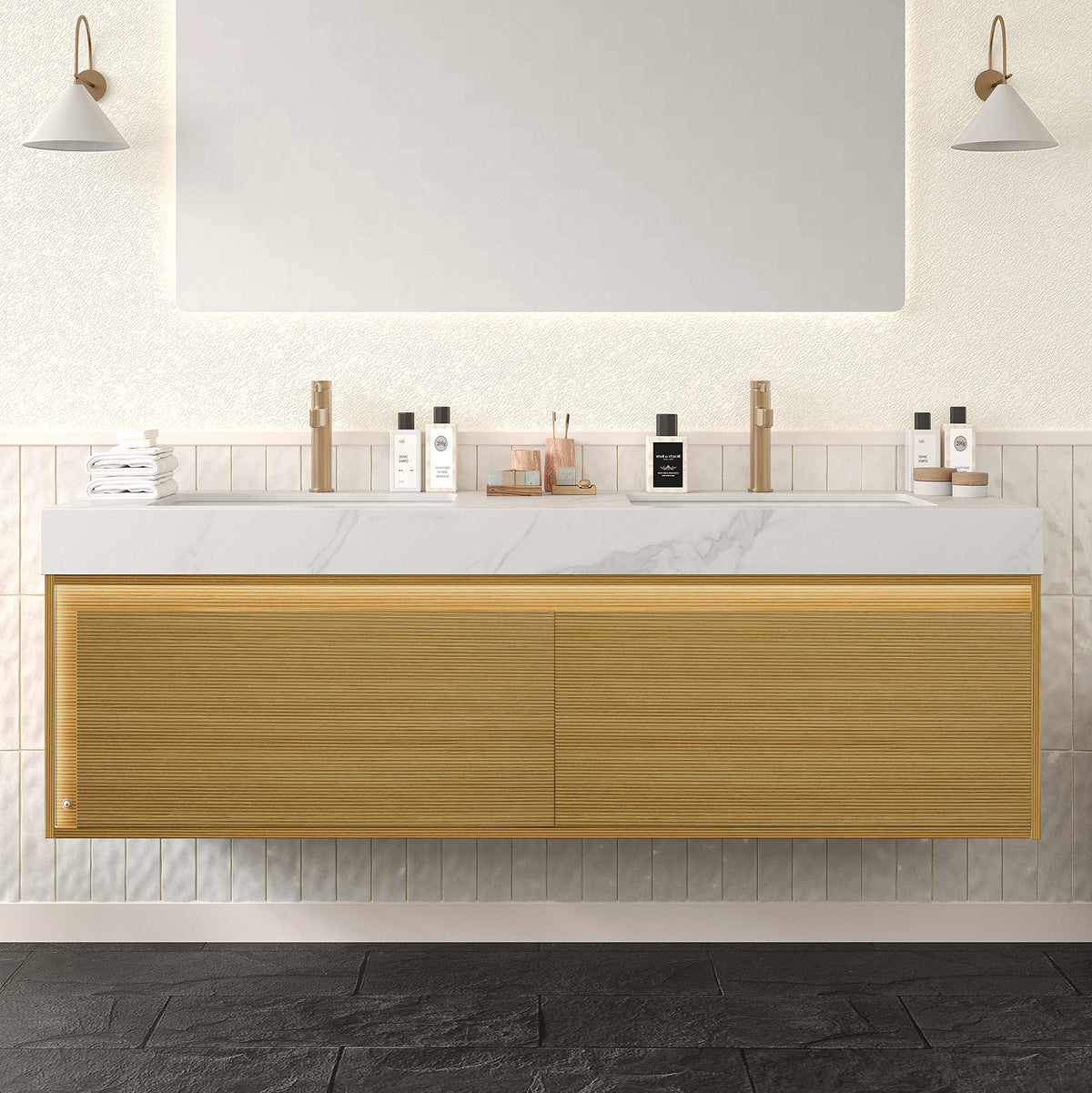 AISU 60" Floating Ultra-Slim Grille Plywood Bathroom Vanity, Drawers&Sensor Light, Carrara White Sintered Stone Top&2 Ceramic Undermount Basins, Pre-assembled, Light Woodgrain