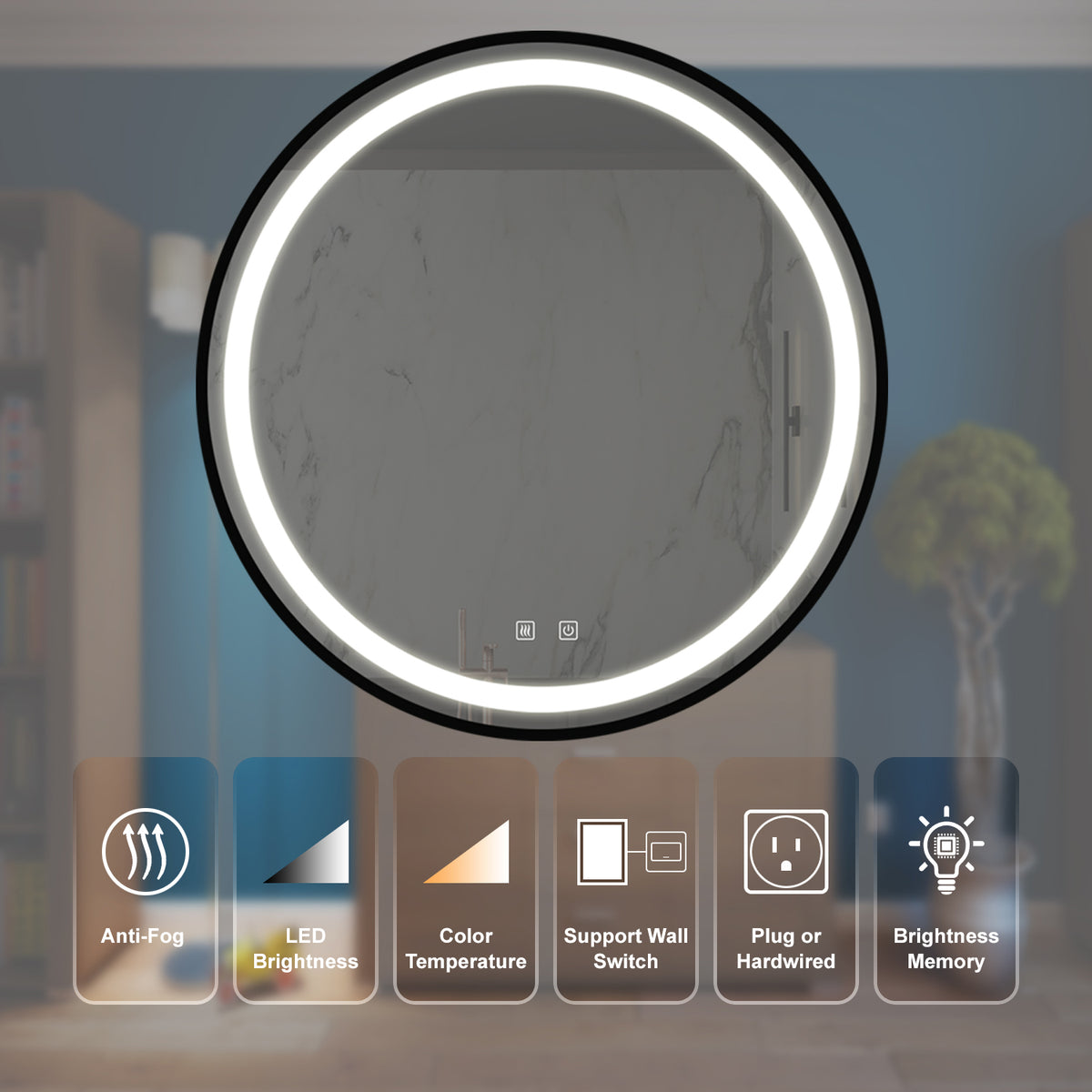 24-Zoll-Badezimmer-Kosmetikspiegel mit LED-Beleuchtung, schwarzer Rahmen aus Aluminiumlegierung, IP54 wasserdicht