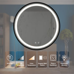 Miroir de salle de bain élégant à LED de 24 pouces, cadre en alliage d'aluminium noir, étanchéité IP54