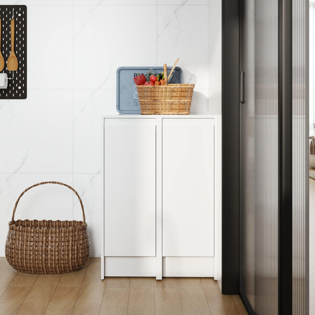AISU 24" Freestanding Bathroom Storage Cabinet, Soft Close Doors, Glossy White, Plywood, KD-Packing, 12'x2 Combination