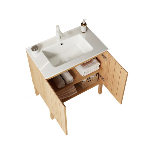 Meuble-lavabo autoportant moderne de 30 po avec lavabo, vasque en céramique blanche sans robinet, bois naturel 