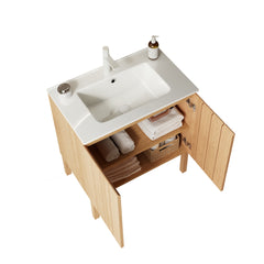 Meuble-lavabo autoportant moderne de 30 po avec lavabo, vasque en céramique blanche sans robinet, bois naturel 