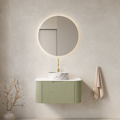 AISU 30" Bathroom Vanity with Sink, Curved Edges Striped, White Round Ceramic Basin with Stone Pattern, Light Green Color