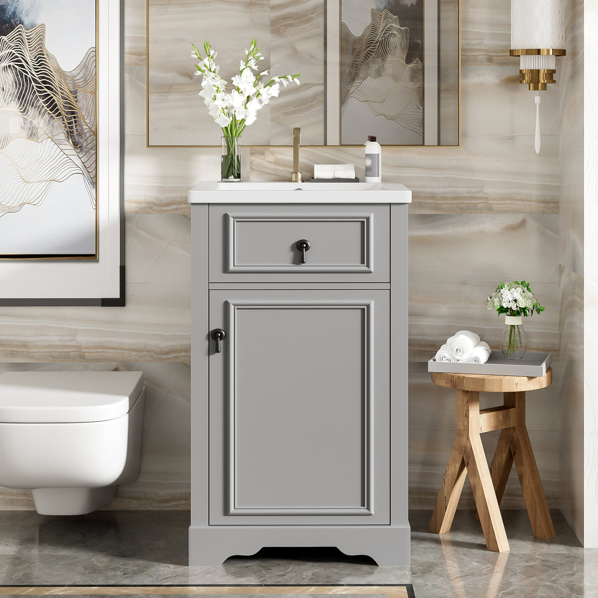 AISU 20" Modern Bathroom Vanity with Ceramic Sink, Grey + 1 Door
