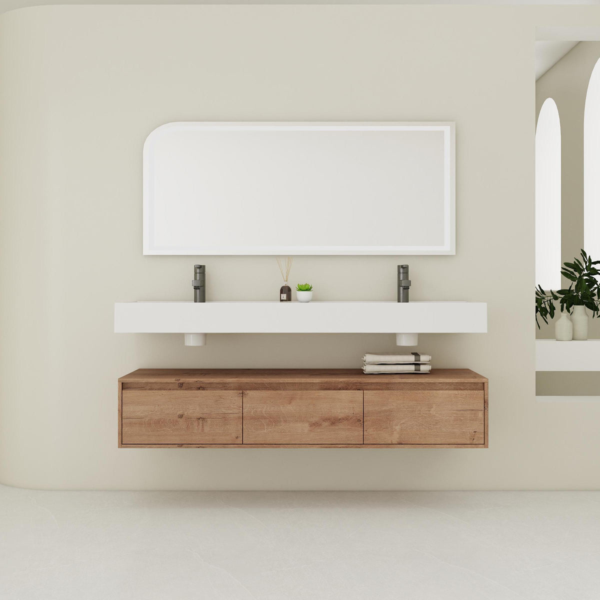 AISU 60" Contemporary Wall-Mounted Bathroom Vanity with Dual Resin Sink and Soft Close Drawer in Imitative Oak Finish