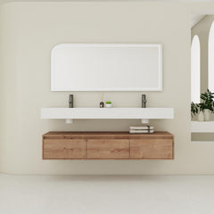 AISU 60" Contemporary Wall-Mounted Bathroom Vanity with Dual Resin Sink and Soft Close Drawer in Imitative Oak Finish