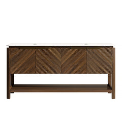 AISU 60" Freestanding Cabinet with 4 Doors&Open Shelf, Carrara White Sintered Stone Top, NO Basin, NO Faucet and Drain, Dark Walnut Woodgrain